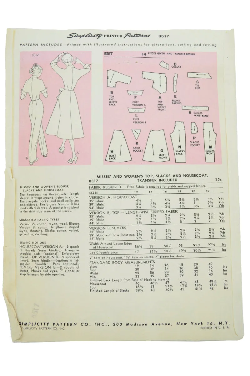 1950 Simplicity 8317 Tie Blouse Pants & Coat Designer Pattern