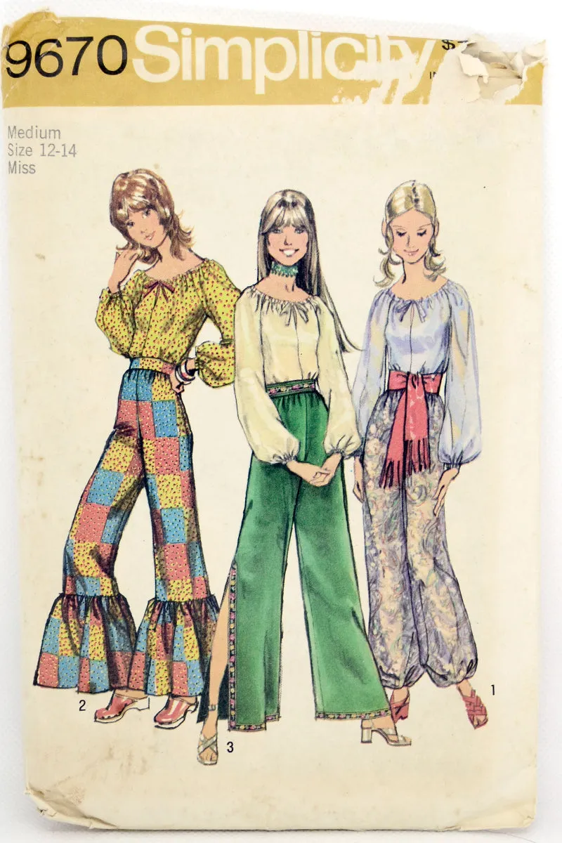 1971 Vintage Simplicity 9670 Peasant Blouse and Pants Pattern