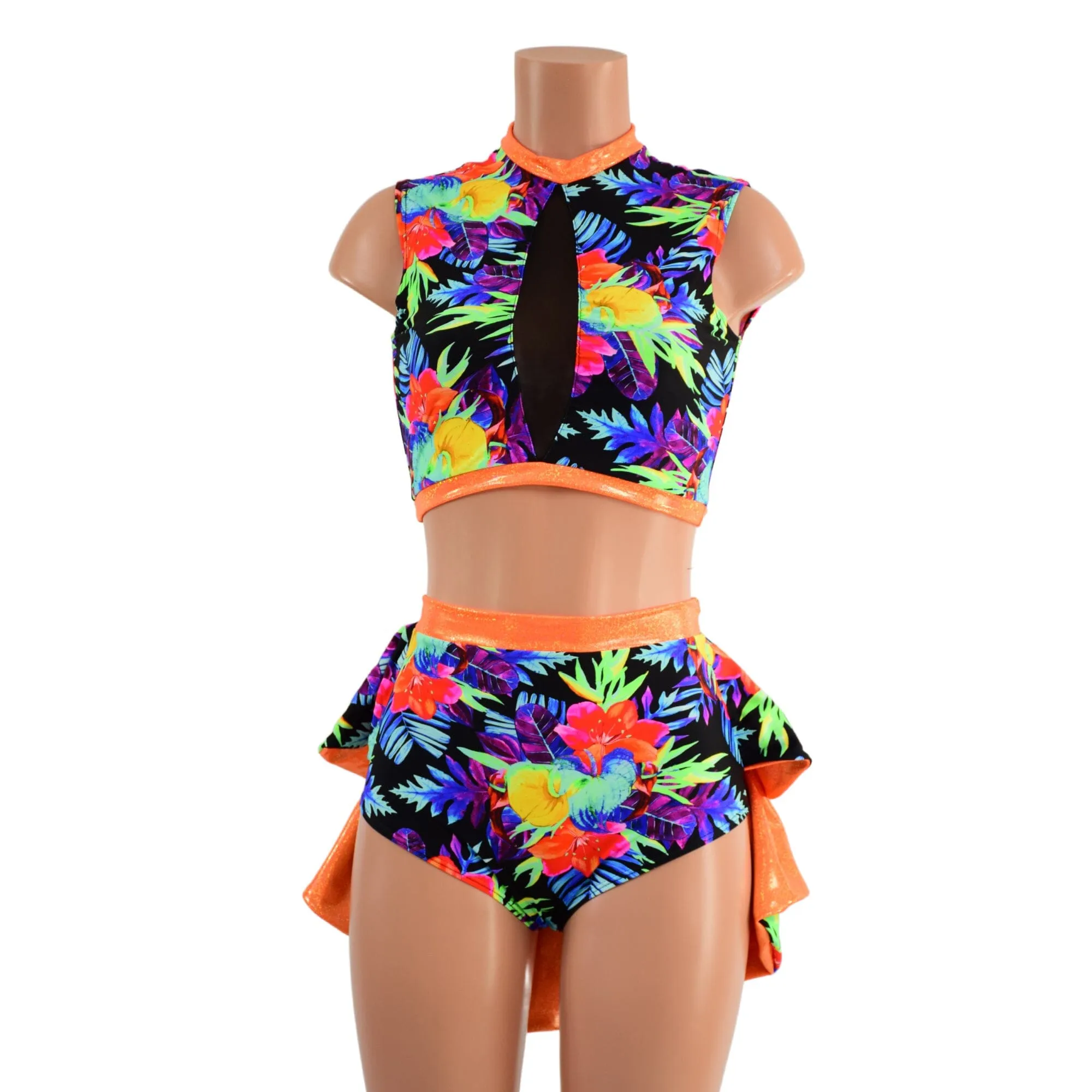 2PC Inset Mesh Keyhole Top and Siren Shorts with Mini Tux Back