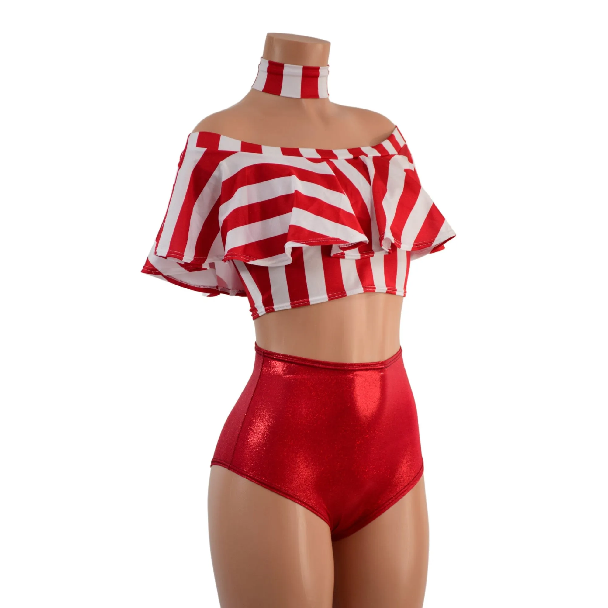 3PC Red and White Striped Top, Choker, and Siren Shorts Set