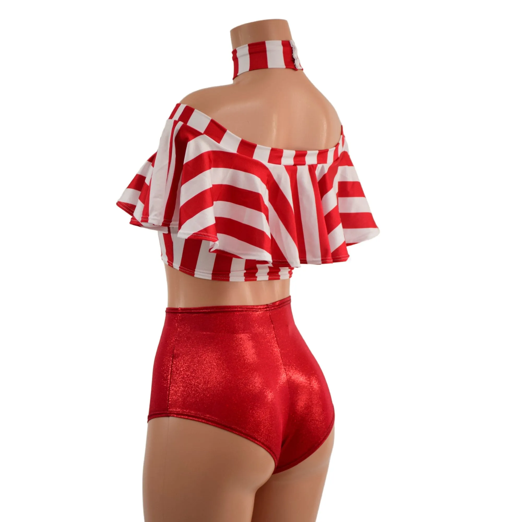 3PC Red and White Striped Top, Choker, and Siren Shorts Set