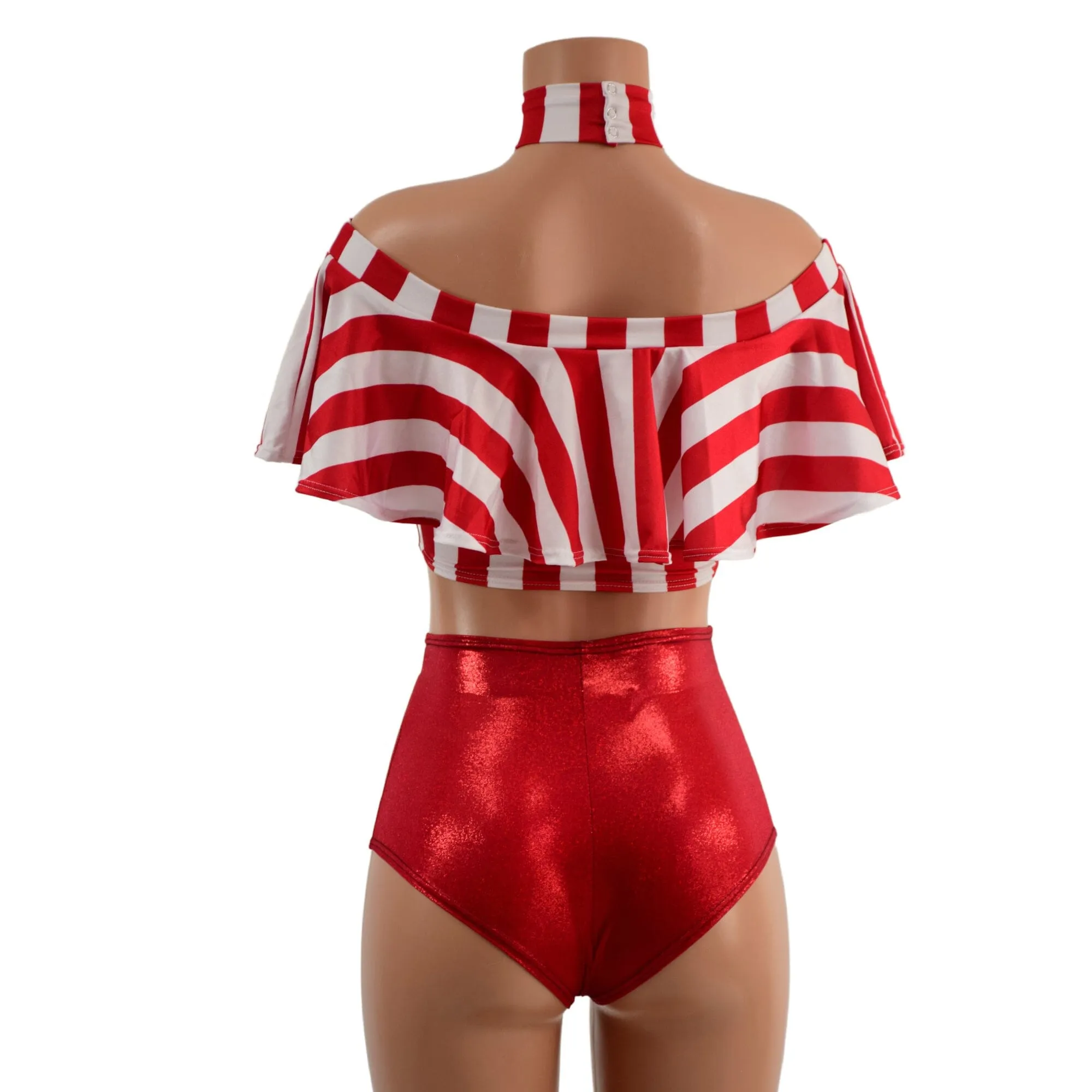 3PC Red and White Striped Top, Choker, and Siren Shorts Set