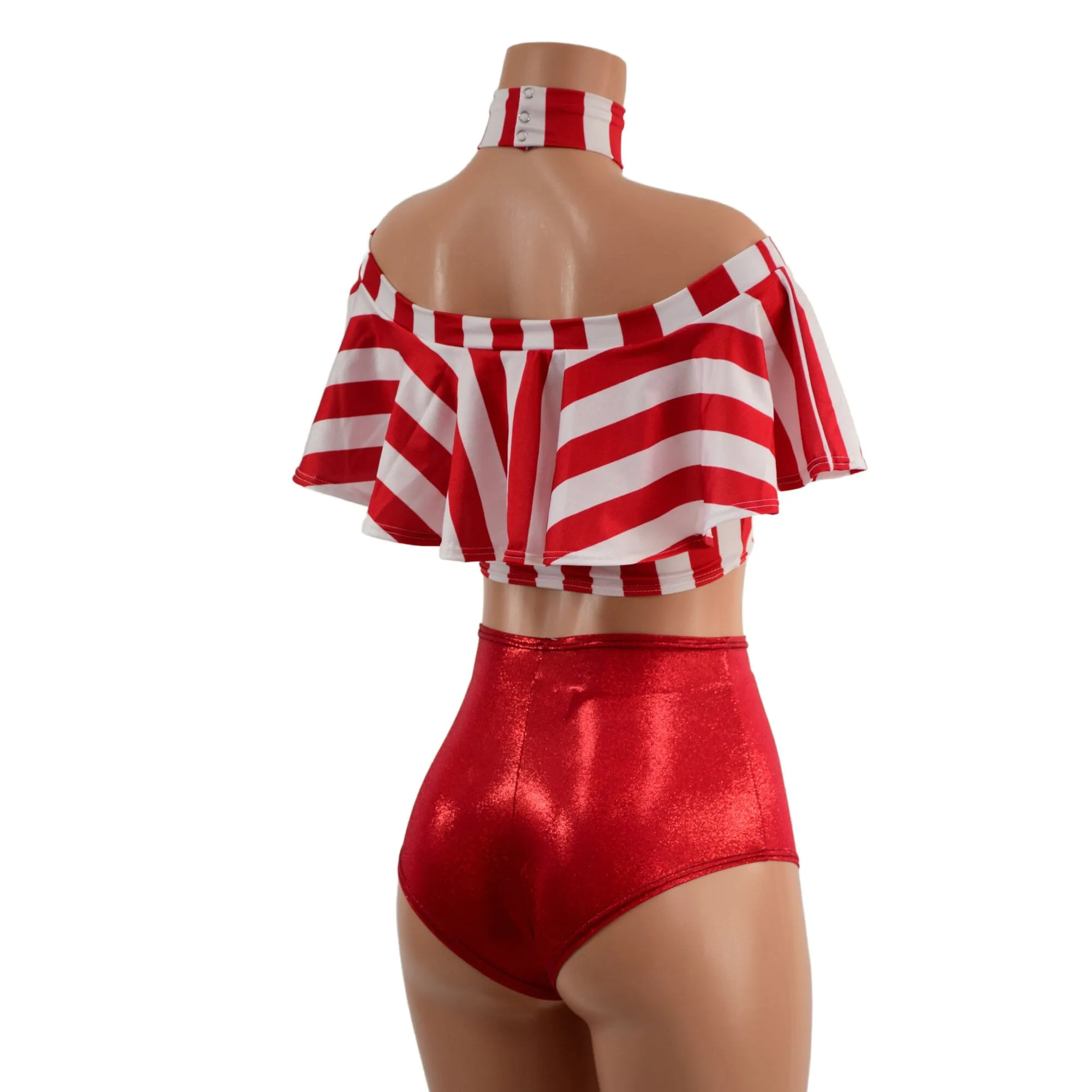 3PC Red and White Striped Top, Choker, and Siren Shorts Set