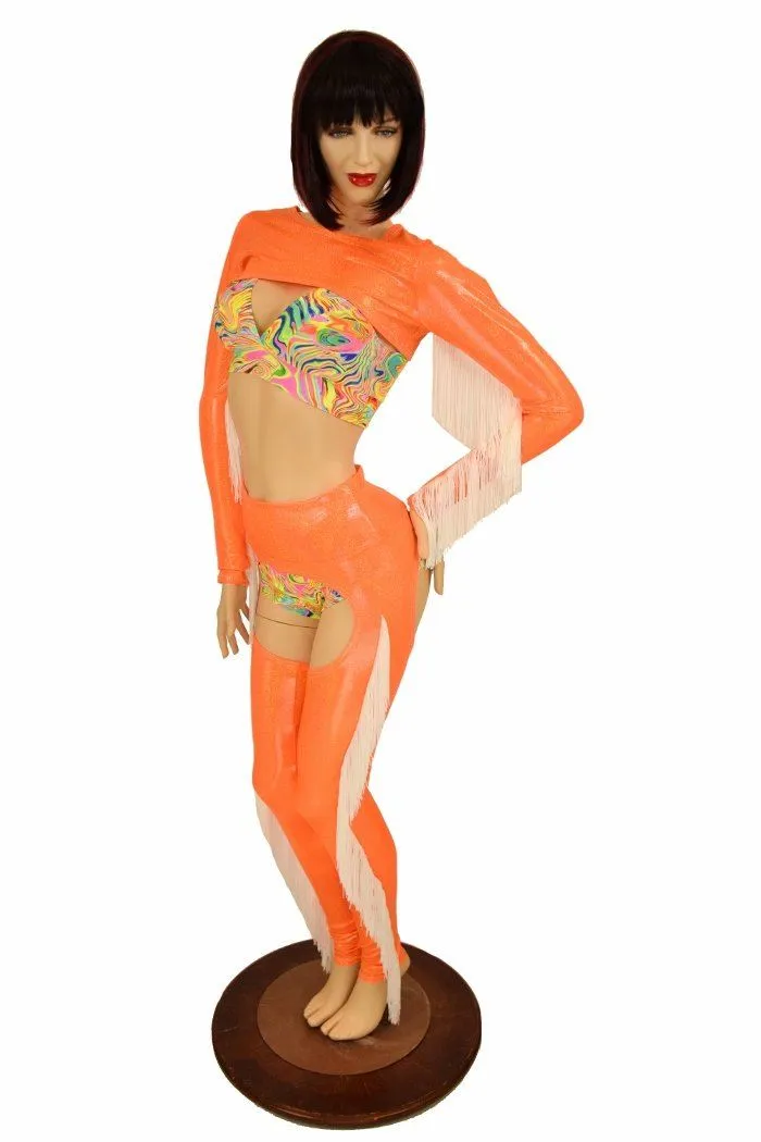 4PC Orange Fringe Bolero and Chaps Set