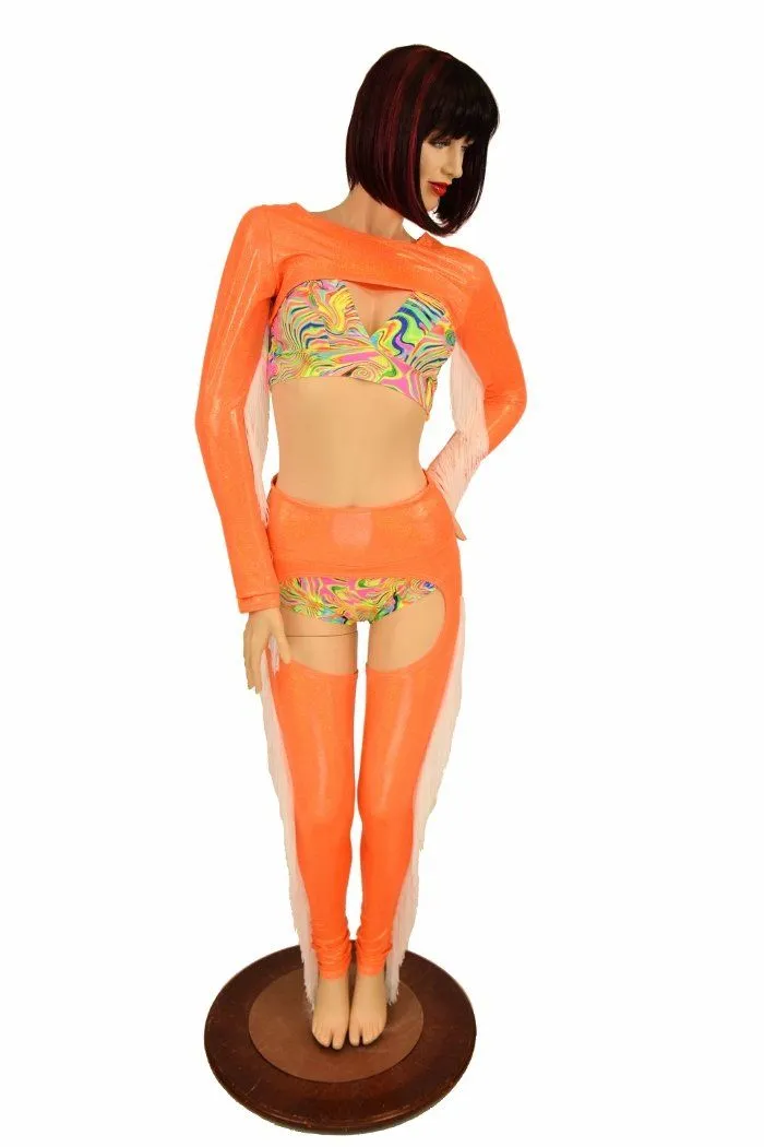 4PC Orange Fringe Bolero and Chaps Set