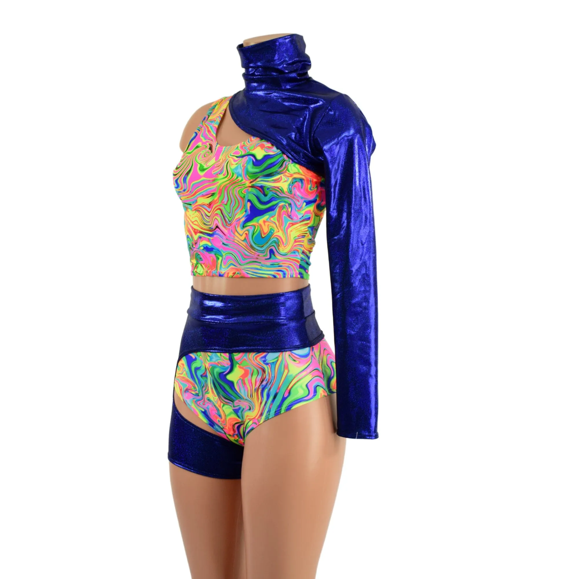 4PC Racerback Crop, Siren Shorts, One Leg Garter, and One Sleeve Snap Back Bolero Set