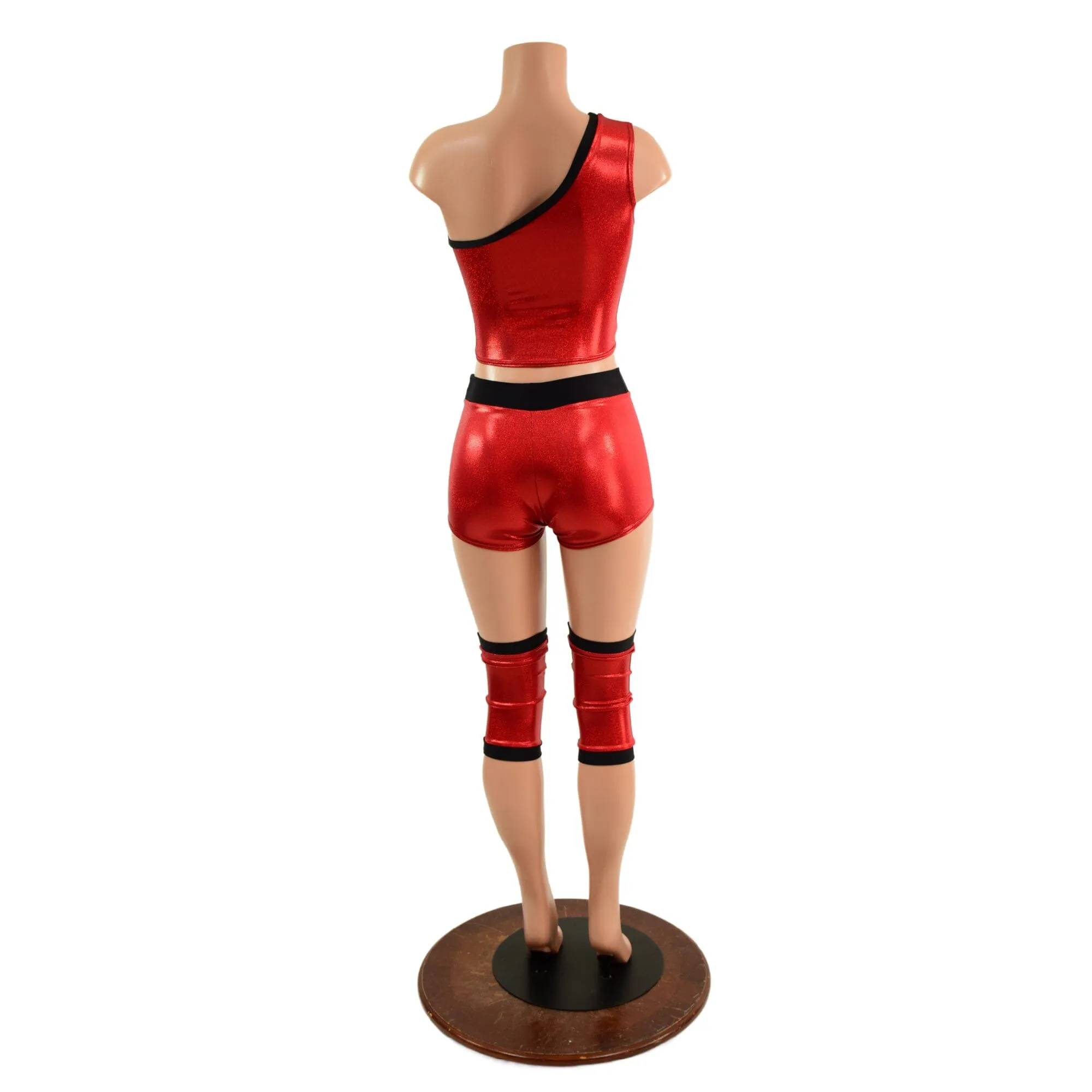 4PC Red and Black Wrestling Shorts, Crop Top and Knee Pad Covers Set