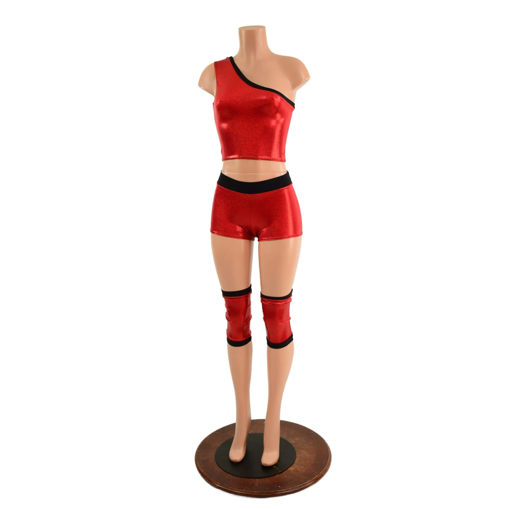 4PC Red and Black Wrestling Shorts, Crop Top and Knee Pad Covers Set