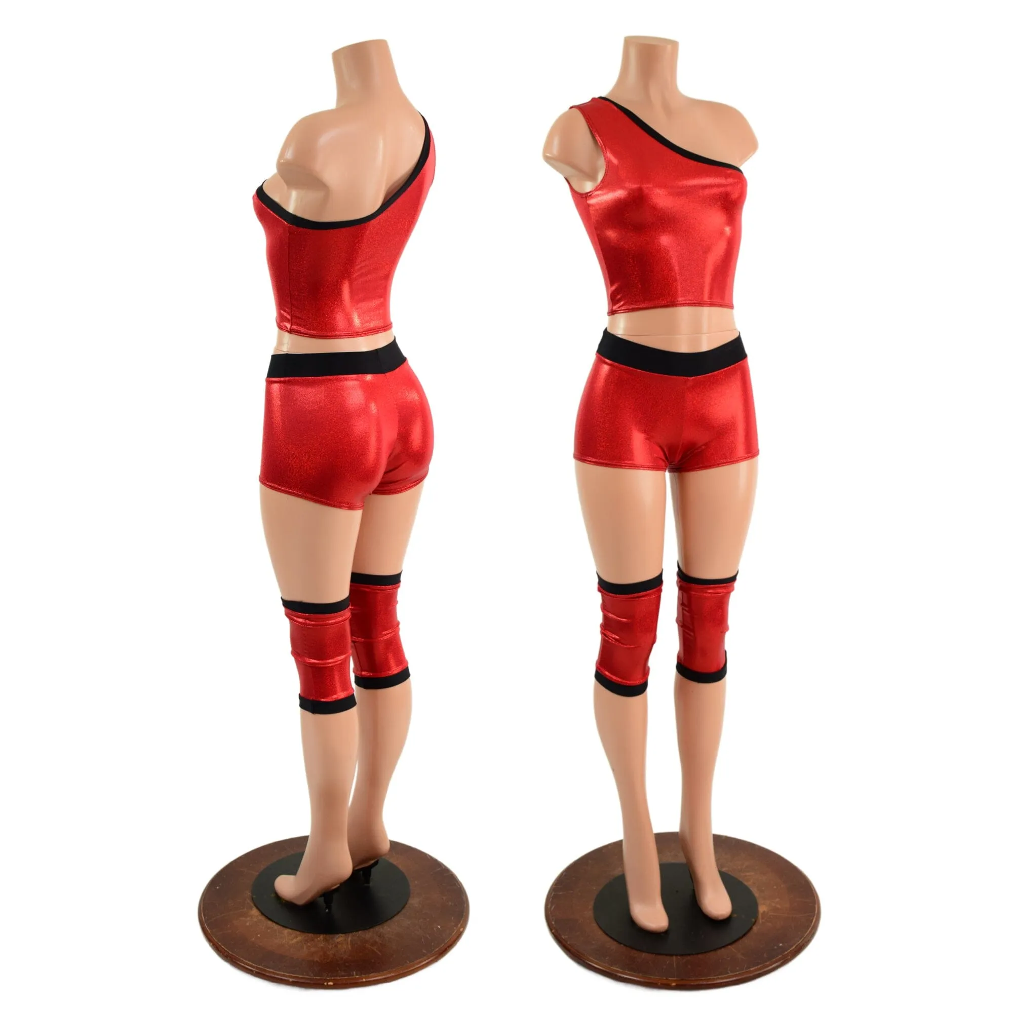 4PC Red and Black Wrestling Shorts, Crop Top and Knee Pad Covers Set