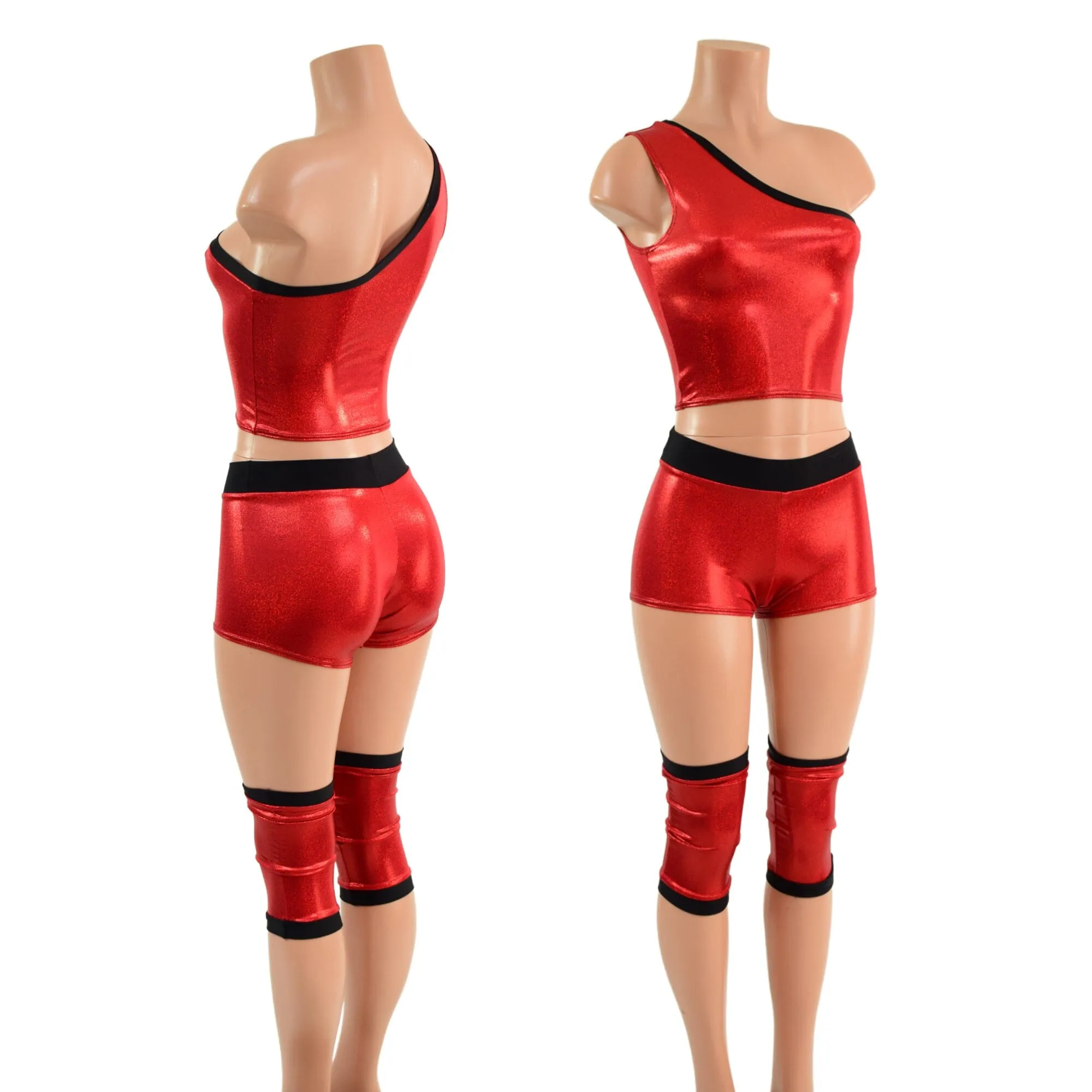 4PC Red and Black Wrestling Shorts, Crop Top and Knee Pad Covers Set