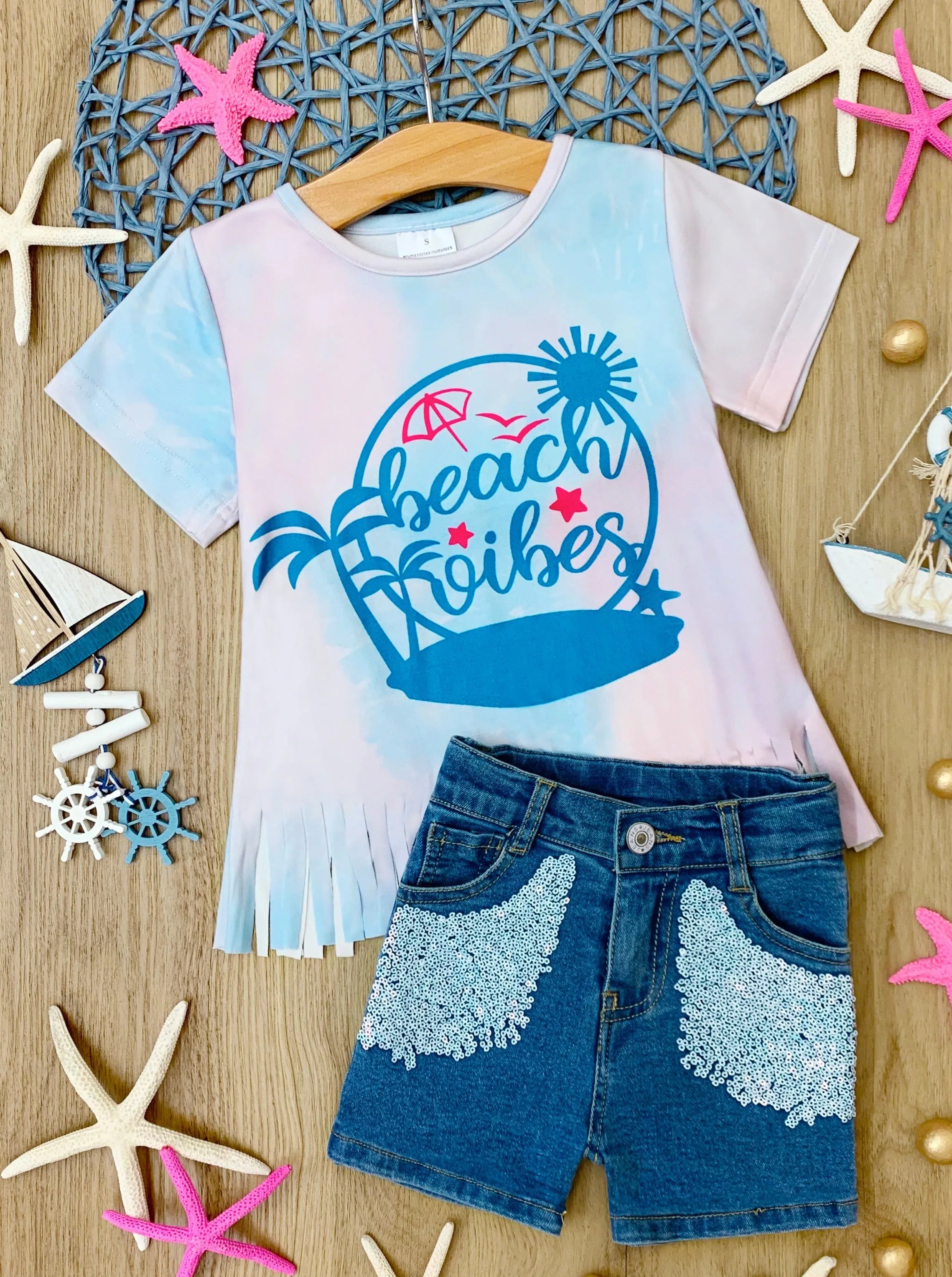 Beach Vibes Fringe Top and Sequin Denim Short Set