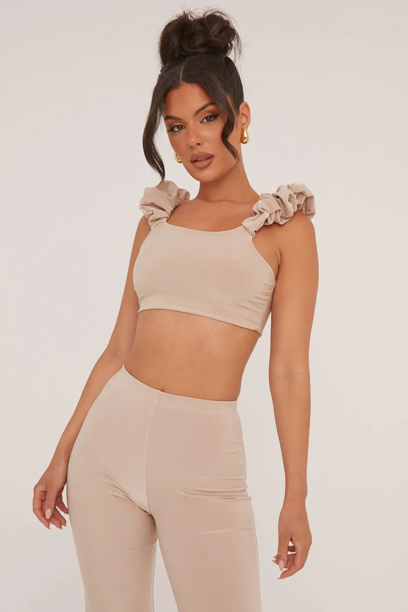 Beige Frill Detail  Cropped Top & Wide Leg Trousers Co-ord Set - Sophie