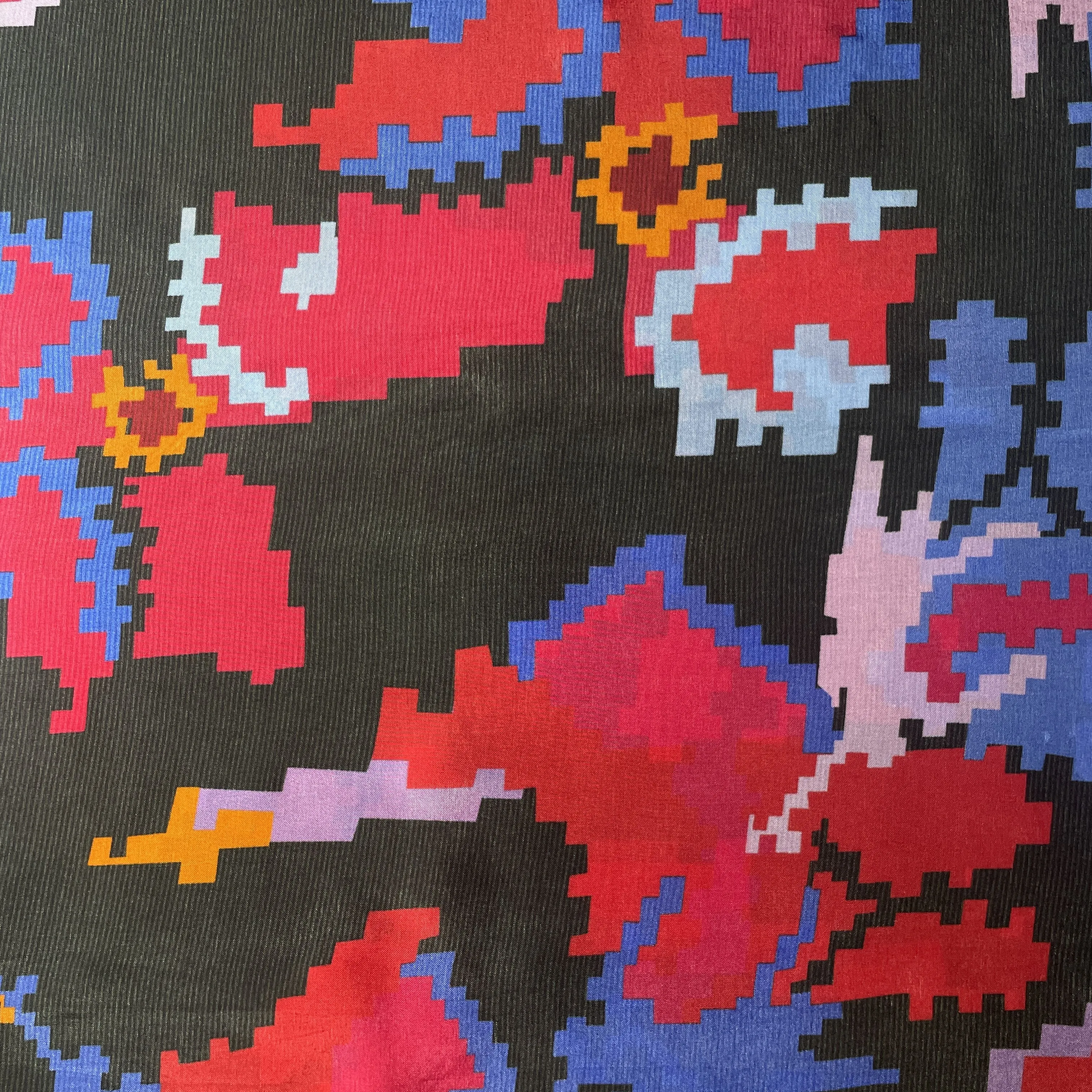 Black Quirky Print Upada Silk Fabric 19616