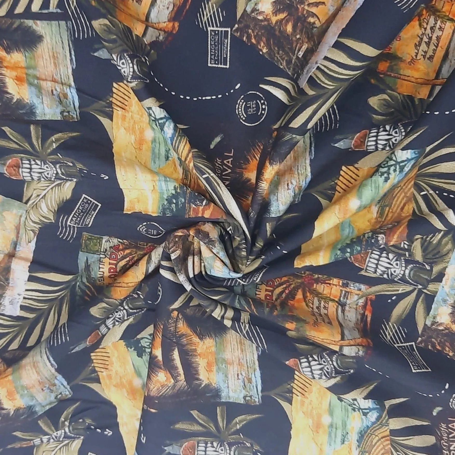 Black Quirky Tropical Print Spun Fabric