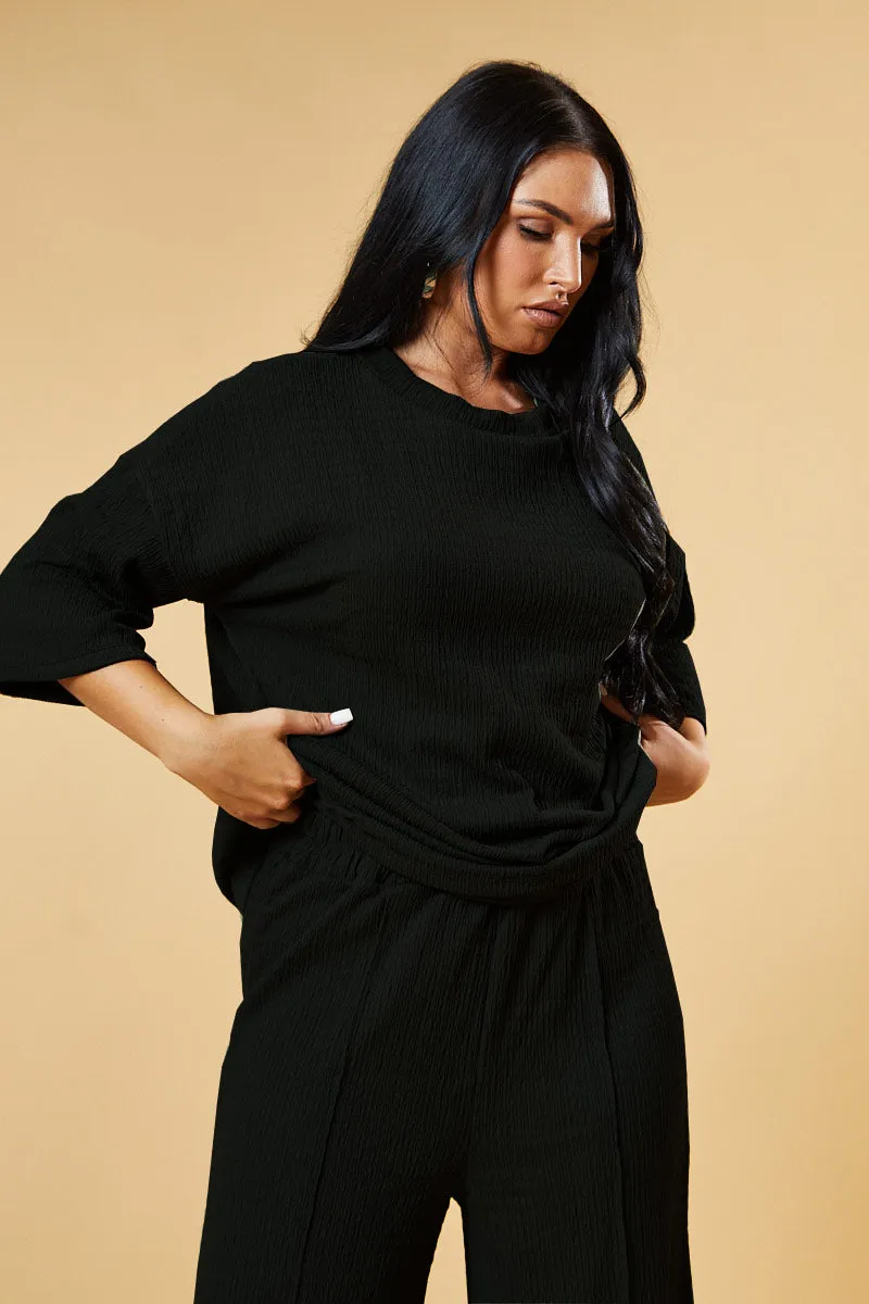 Black Textured Knit Trousers & Oversized Top Co-ord Set - Cecelia