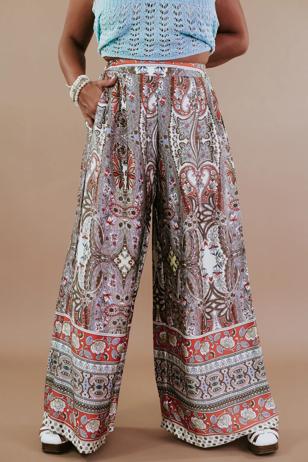 Boho Paisley Satin Wide Leg Pant