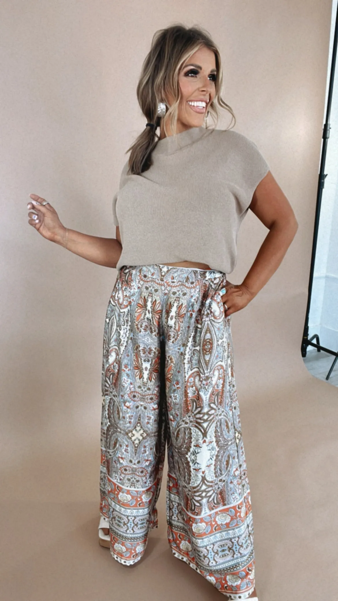 Boho Paisley Satin Wide Leg Pant