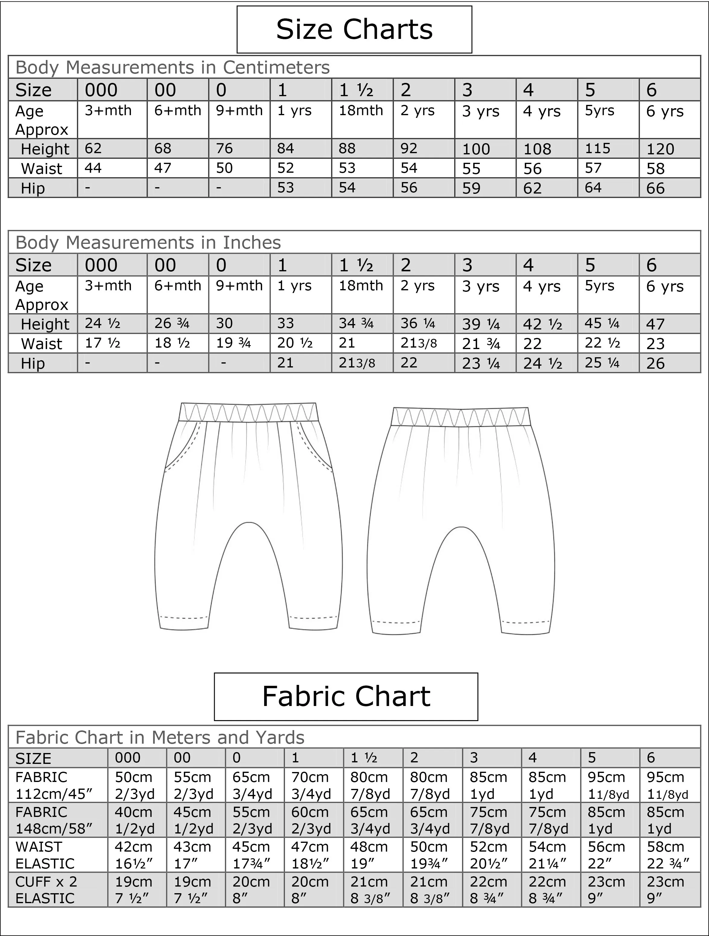 Boy and girl harem pants PDF sewing pattern for babies and toddlers, PANDA PANTS sizes 3  months to 6 years