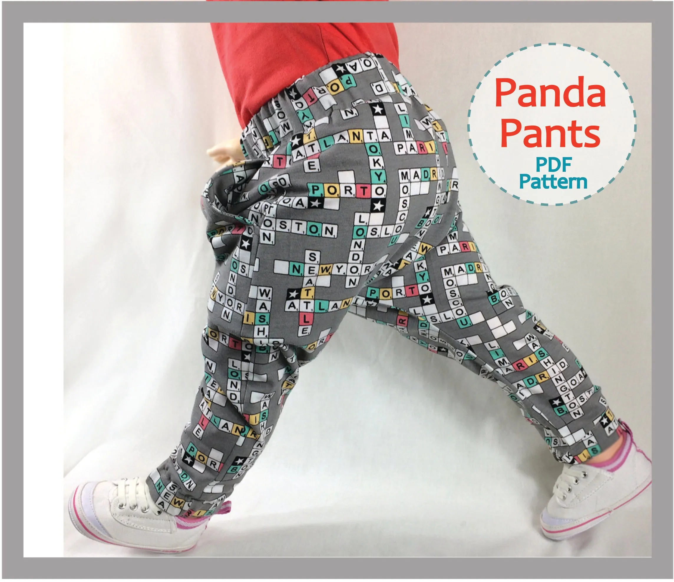 Boy and girl harem pants PDF sewing pattern for babies and toddlers, PANDA PANTS sizes 3  months to 6 years