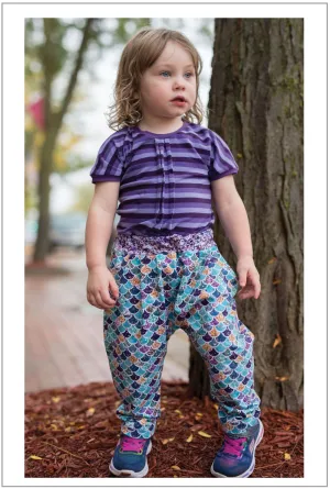 Boy and girl harem pants PDF sewing pattern for babies and toddlers, PANDA PANTS sizes 3  months to 6 years