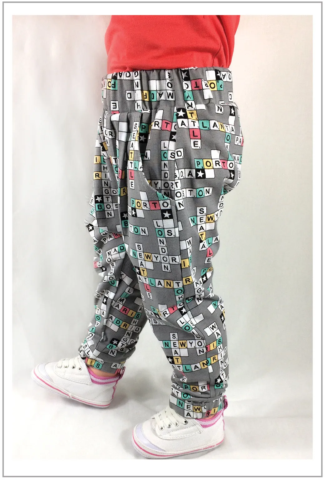 Boy and girl harem pants PDF sewing pattern for babies and toddlers, PANDA PANTS sizes 3  months to 6 years