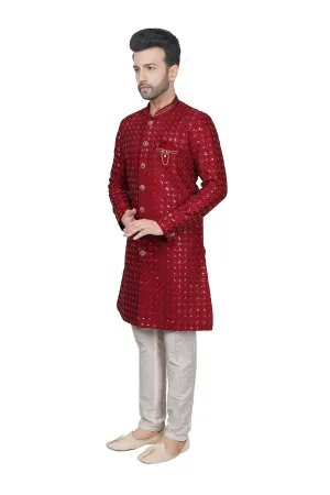 Cherry red embroidered mens kurta