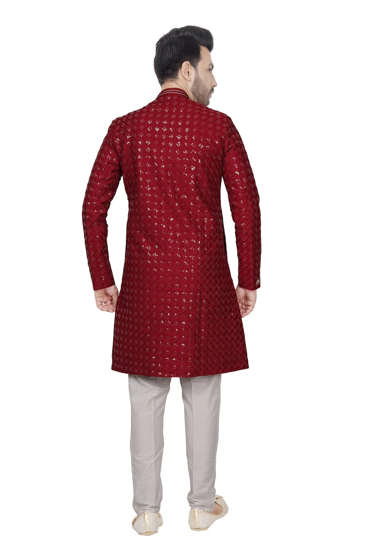 Cherry red embroidered mens kurta