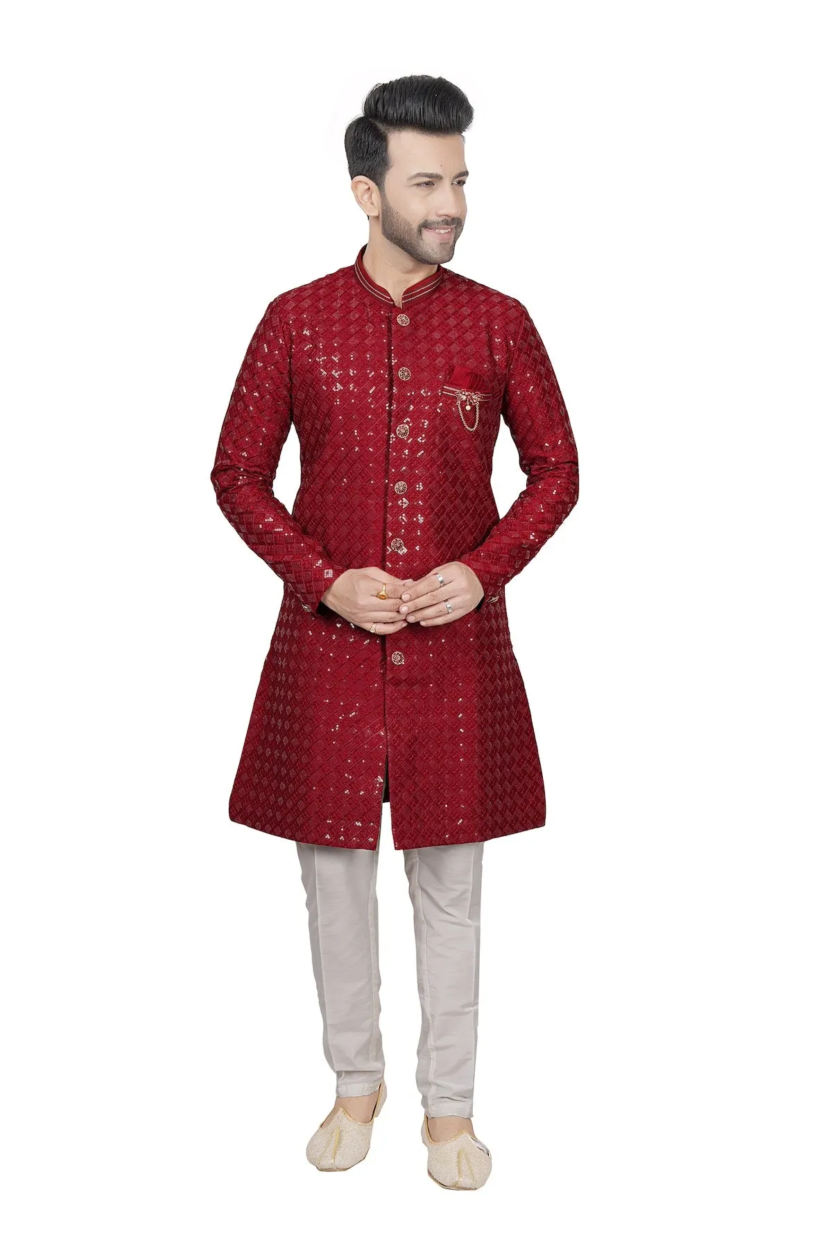 Cherry red embroidered mens kurta