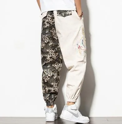 Chinese Dragon Embroidery Combination Men Jogger Pants