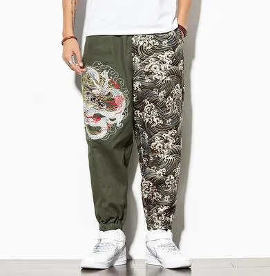 Chinese Dragon Embroidery Combination Men Jogger Pants