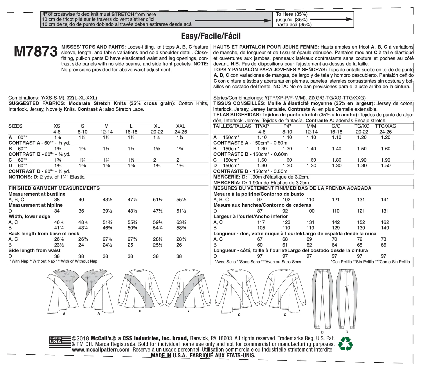 CLEARANCE • McCall's PATTERN MISSES' MISSES' TOPS AND PANTS 7873