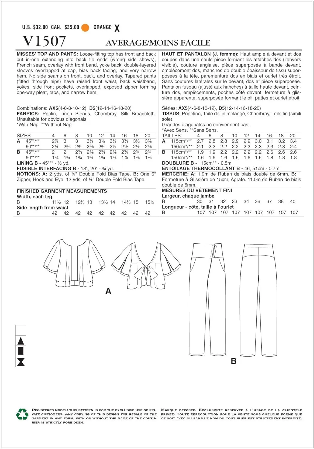 CLEARANCE • VOGUE PATTERN MISSES' LAYERED BACK-TIE TOP AND ASYMMETRICAL-ZIP PANTS 1507