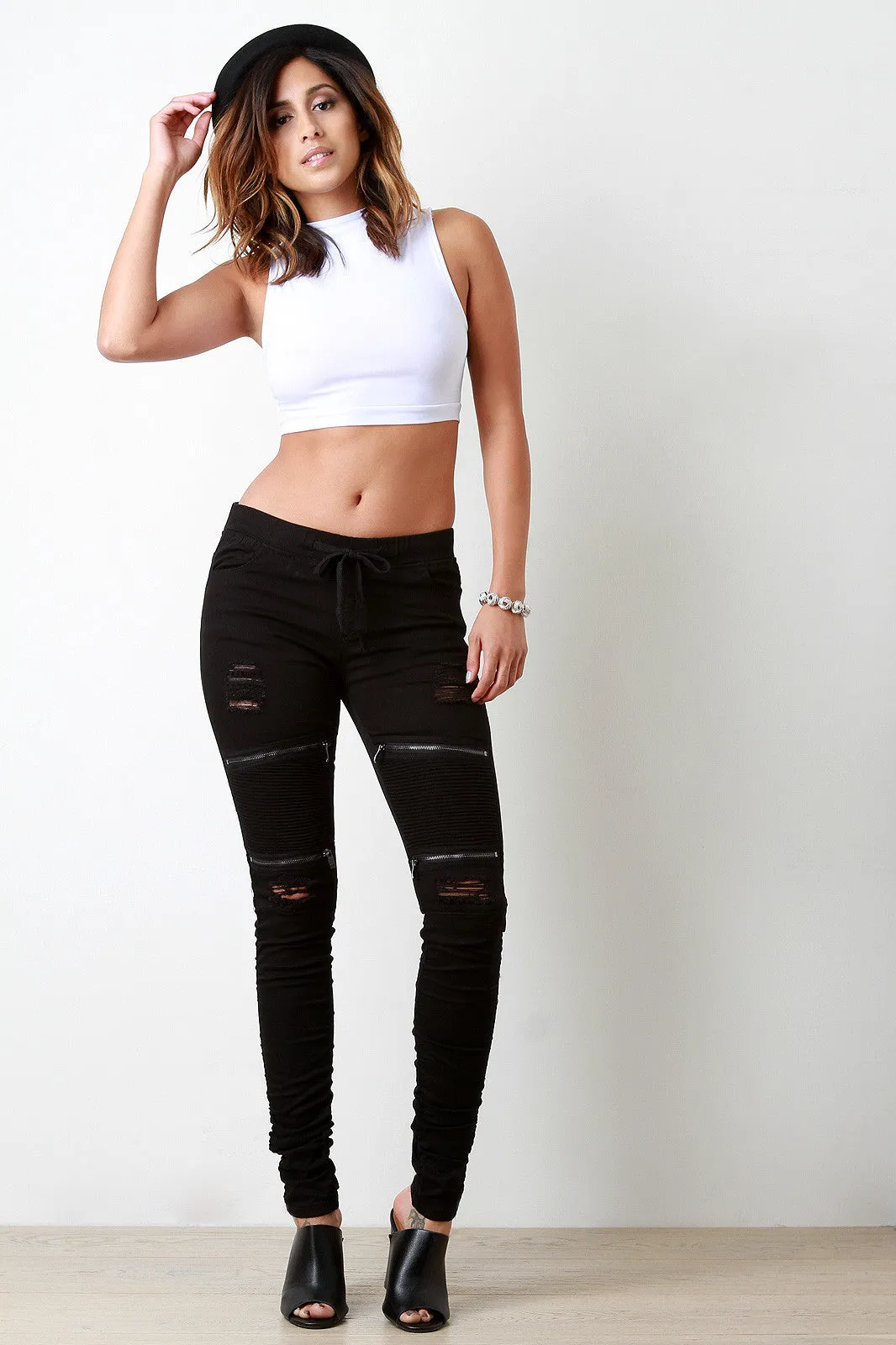 Distressed Moto Style Zip Knee Pants