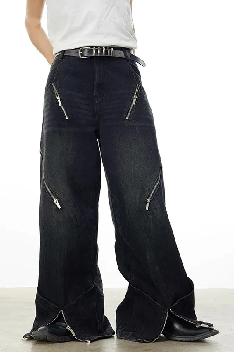 Edgy Multi-Zip Oversized Jeans