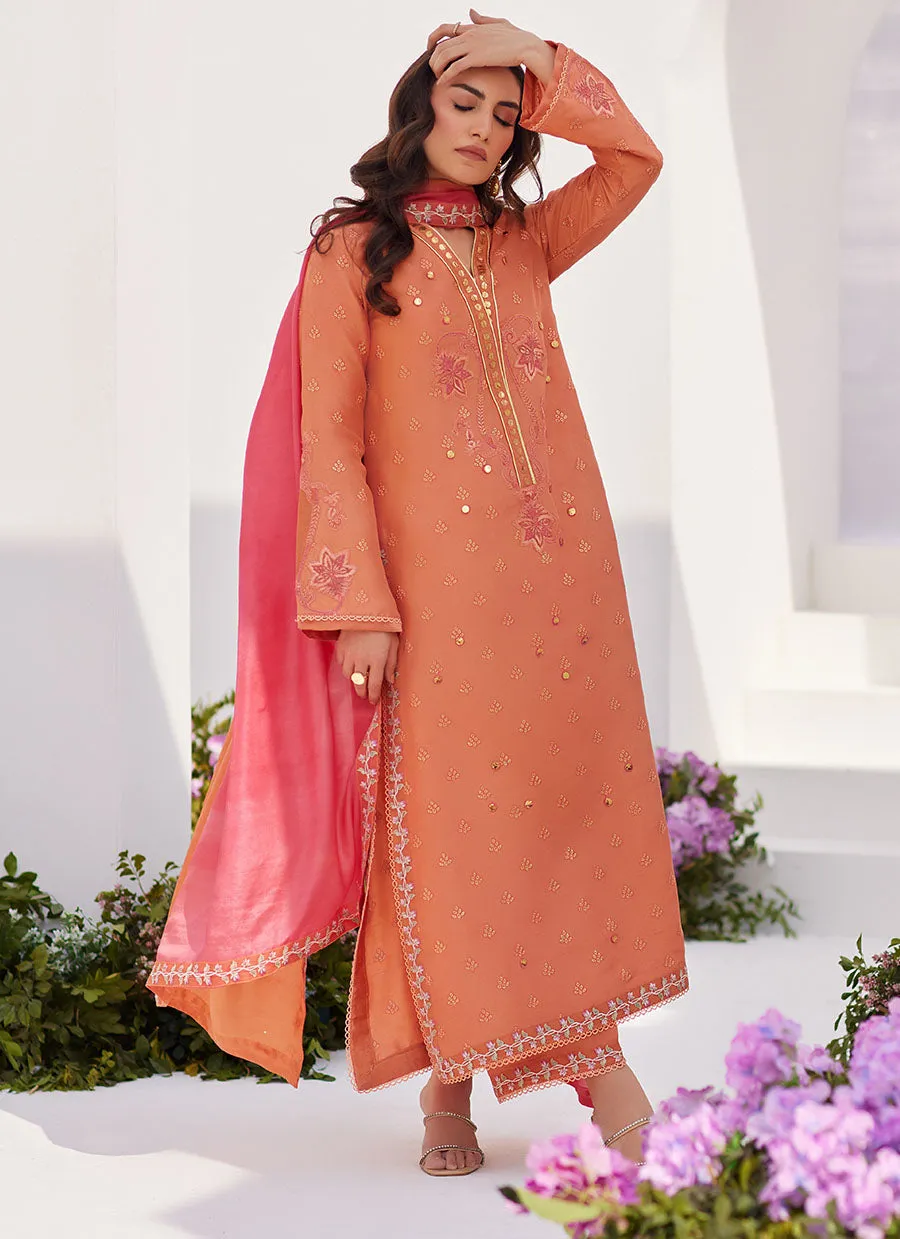 Elyna Coral Embroidered Raw Silk Shirt and Dupatta