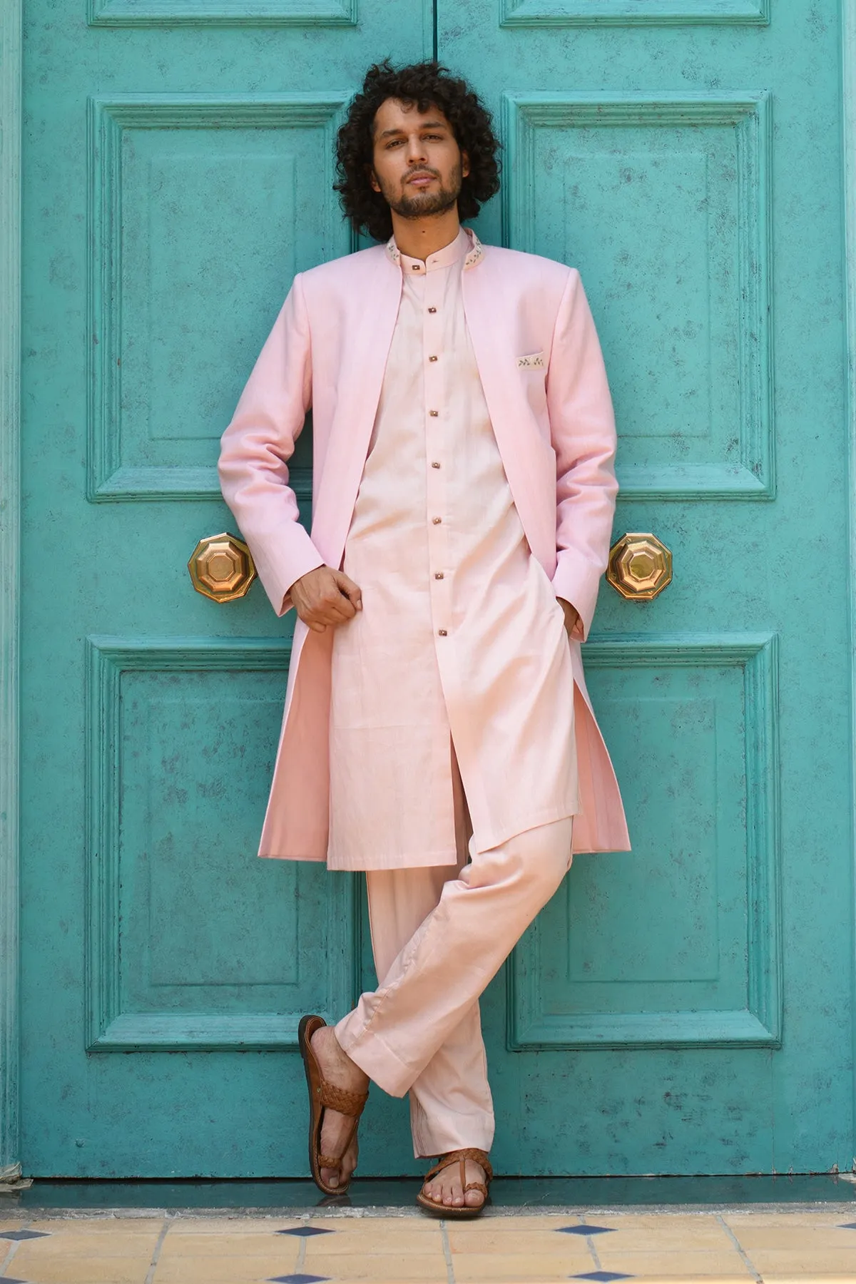 FARROKH-  Embroidered Pink Achkan Paired with Matching Kurta  &  Trouser set