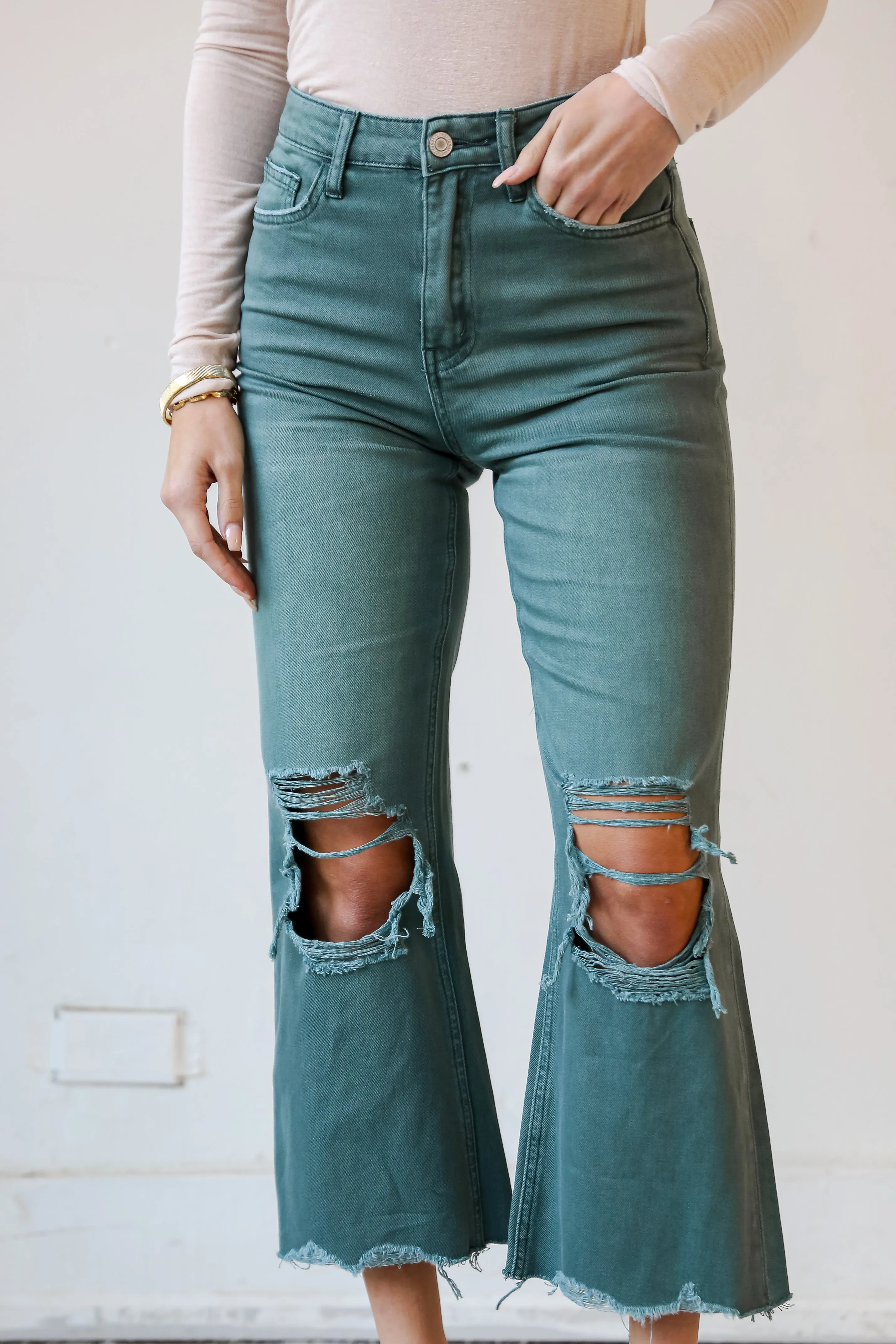 FINAL SALE - Number One Choice Sage Distressed Flare Jeans