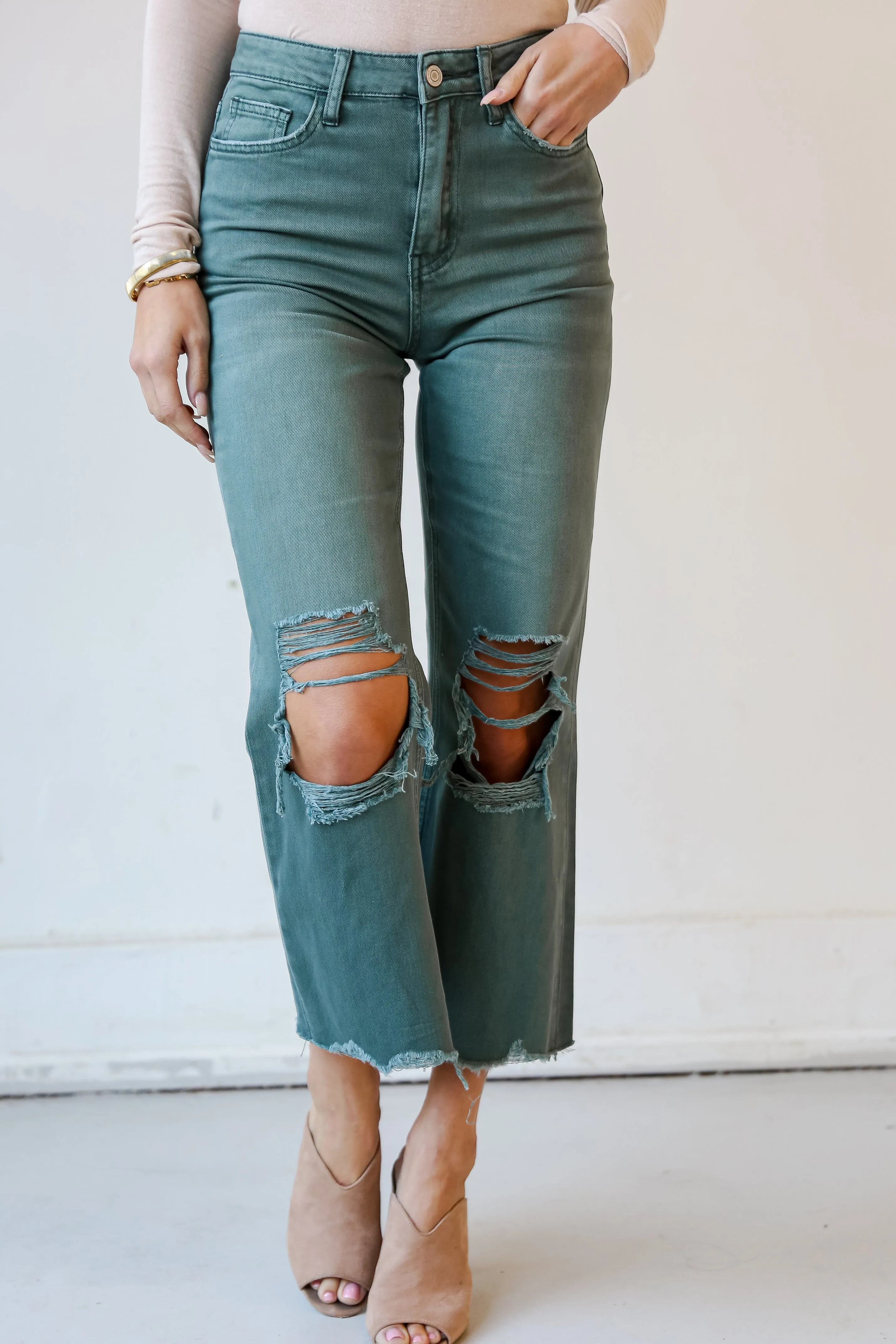 FINAL SALE - Number One Choice Sage Distressed Flare Jeans