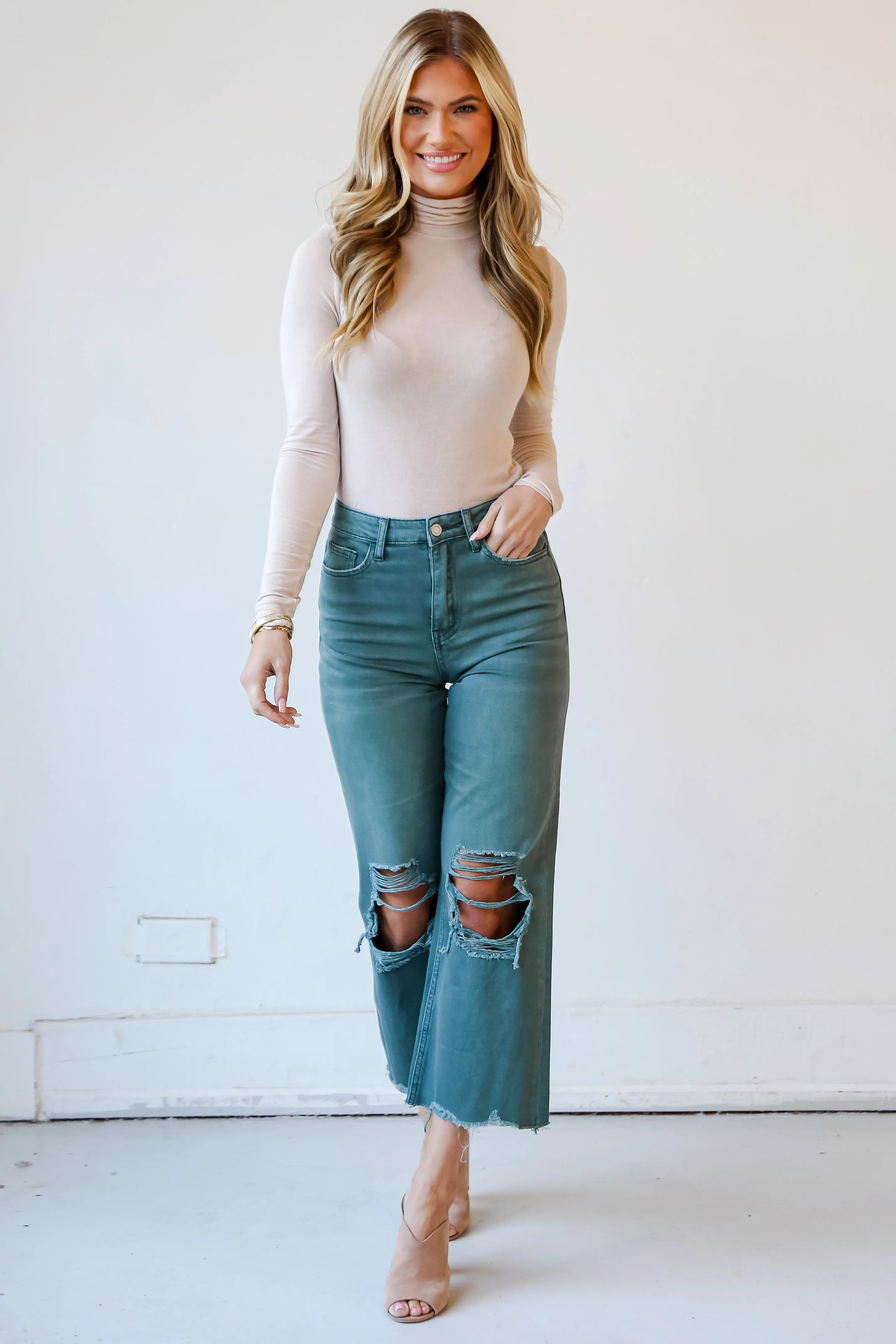 FINAL SALE - Number One Choice Sage Distressed Flare Jeans