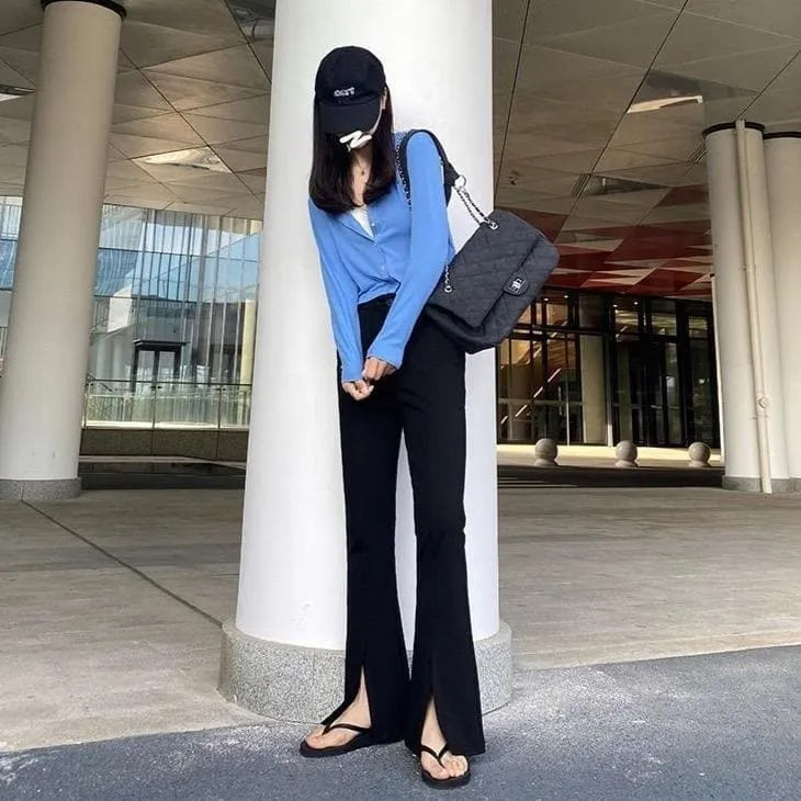 Flared High-Waist Pants With Slit Details