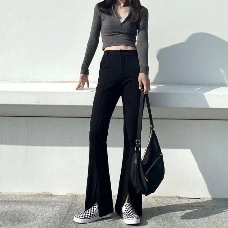 Flared High-Waist Pants With Slit Details