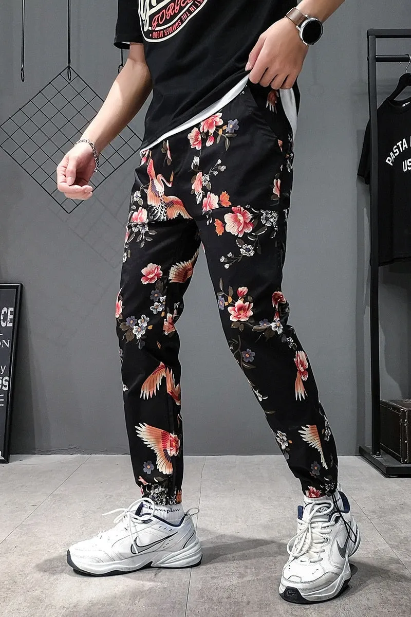 Flower Print Streetwear Harajuku Sweatpants Chinese Style Men Jogger Pants