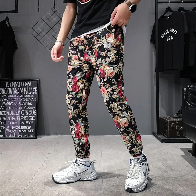 Flower Print Streetwear Harajuku Sweatpants Chinese Style Men Jogger Pants