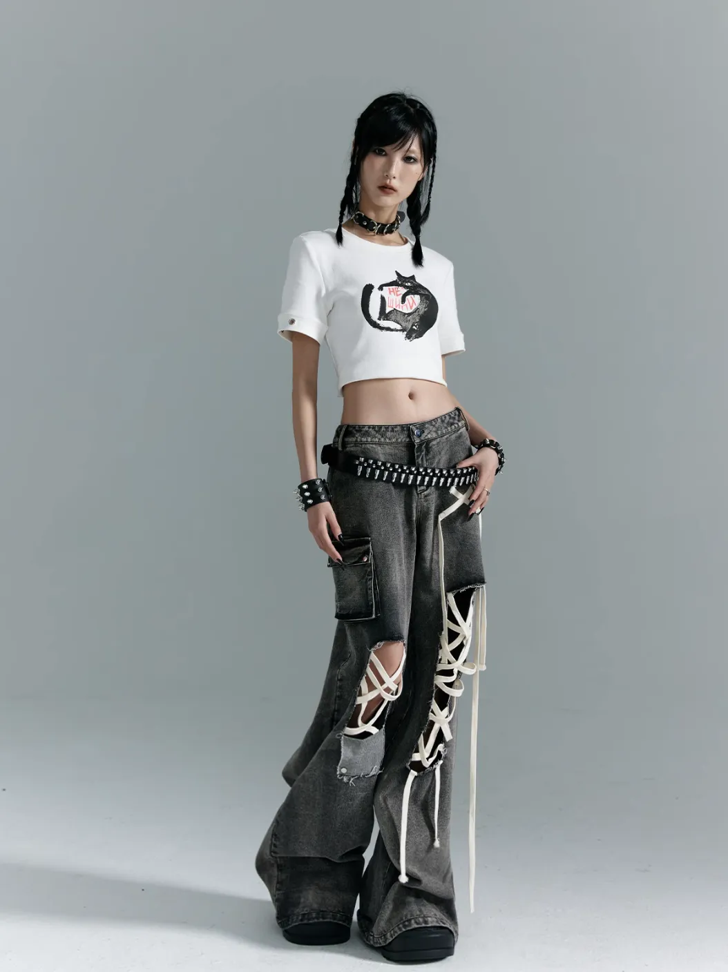 Frustration Garden Gothic Punk Wide-Leg Jeans - Distressed Gray Denim With Lace-Up Accents And Cargo Pockets