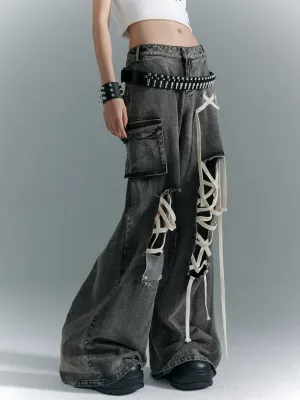 Frustration Garden Gothic Punk Wide-Leg Jeans - Distressed Gray Denim With Lace-Up Accents And Cargo Pockets