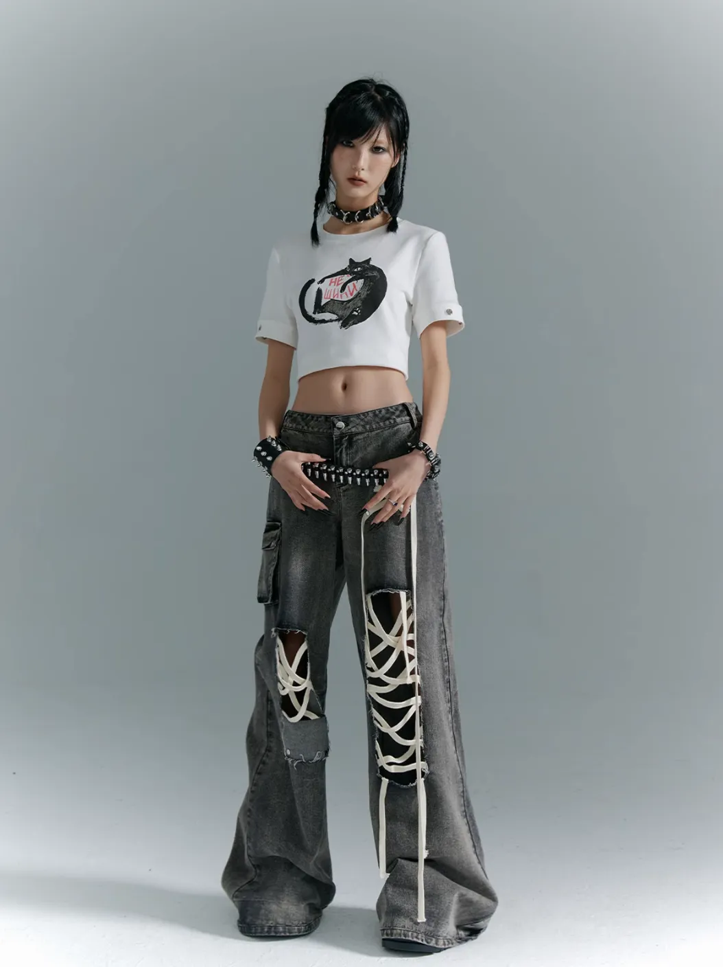 Frustration Garden Gothic Punk Wide-Leg Jeans - Distressed Gray Denim With Lace-Up Accents And Cargo Pockets