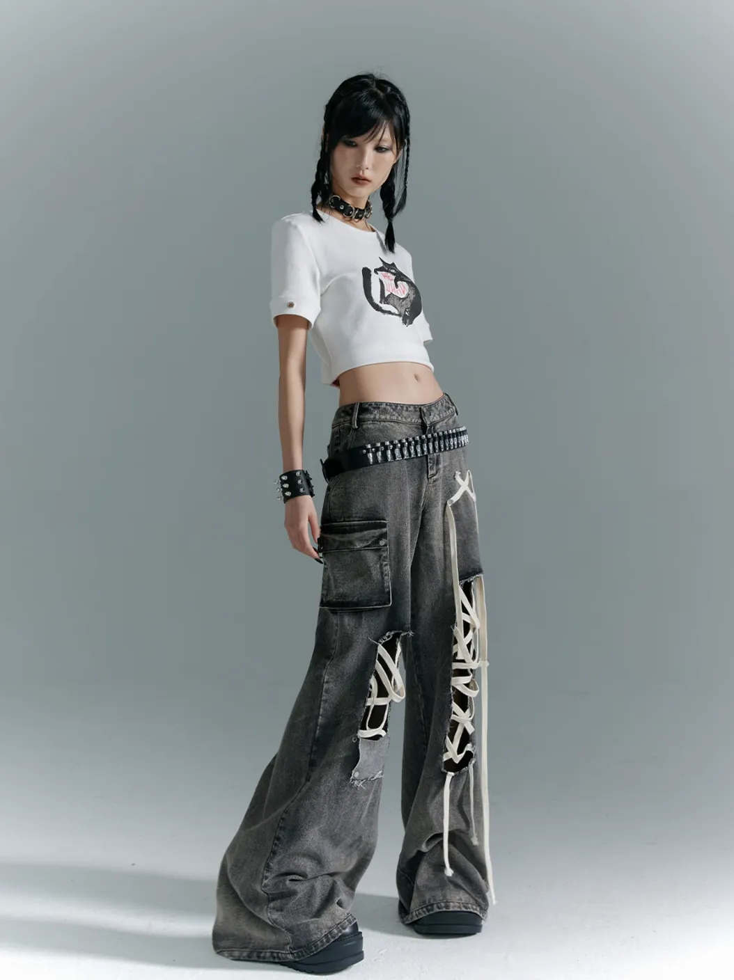 Frustration Garden Gothic Punk Wide-Leg Jeans - Distressed Gray Denim With Lace-Up Accents And Cargo Pockets