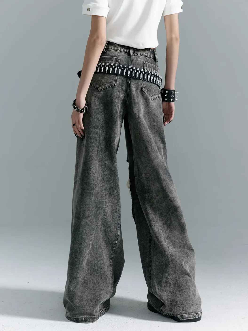 Frustration Garden Gothic Punk Wide-Leg Jeans - Distressed Gray Denim With Lace-Up Accents And Cargo Pockets