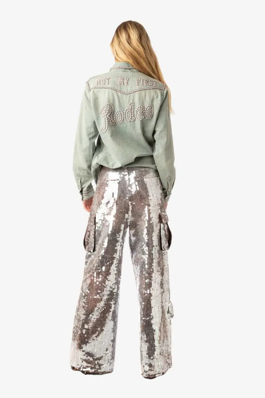 Full Sequin Wide Leg Cargo Denim Pants