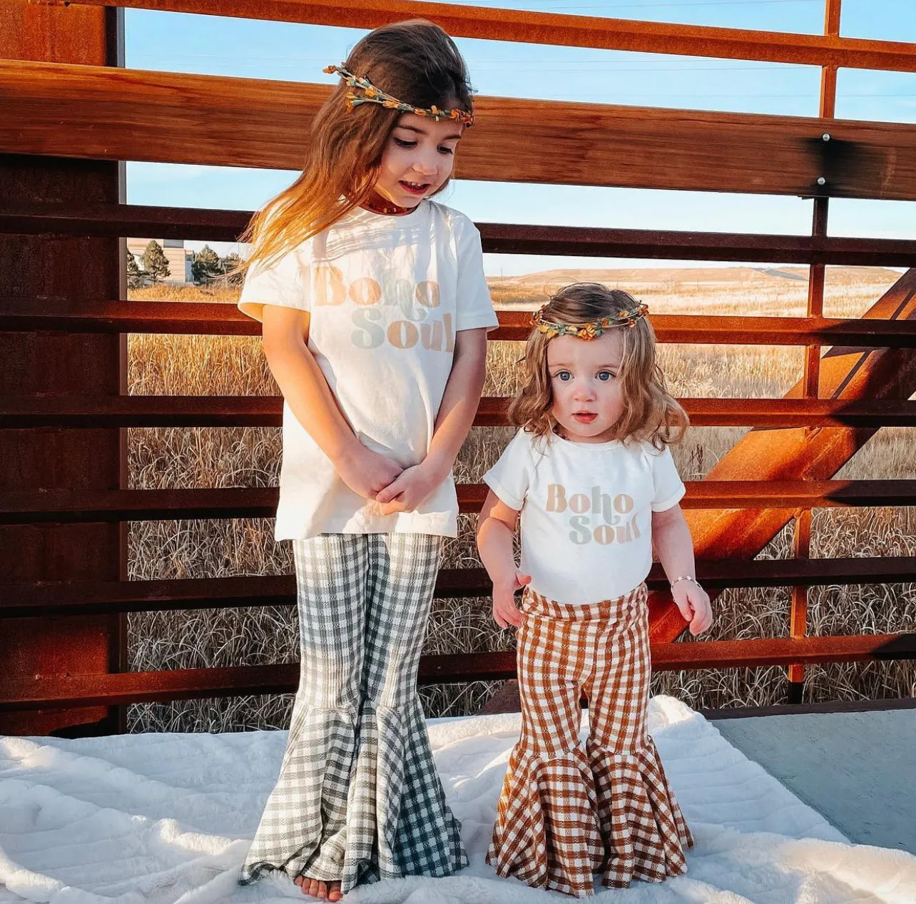 Girls Bell Bottoms in Camel Gingham Print